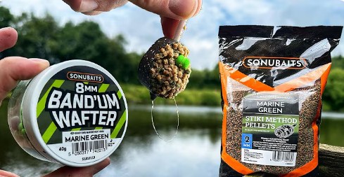 Балансини дъмбели (Wafters) SONUBAITS MARINE GREEN и методни пелети на водоем.