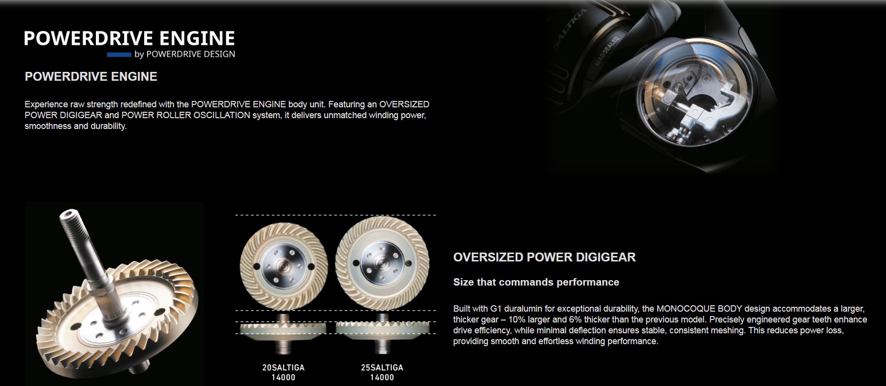 Показване на POWERDRIVE ENGINE с Oversized Power Digigear и детайли за конструкция, риболовни такъми DAIWA.