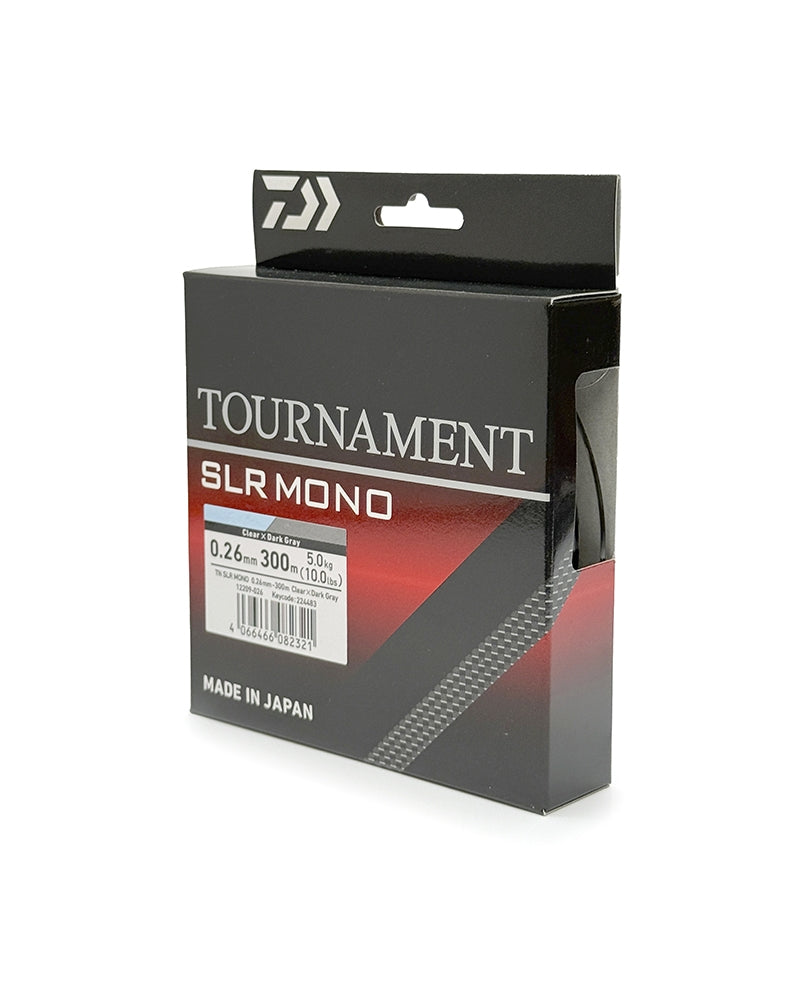 Монофилно влакно Daiwa TOURNAMENT SLR MONOFIL - 300m опаковка с бакелитова повърхност и информация за размера.