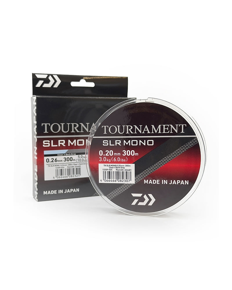 Монофилно влакно Daiwa TOURNAMENT SLR MONOFIL - 300m в опаковка за риболовни такъми от Япония.