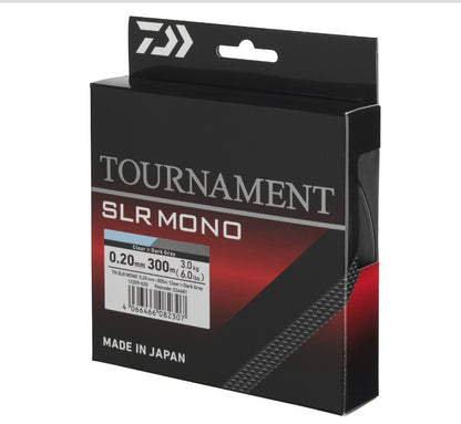 Монофилно влакно Daiwa TOURNAMENT SLR MONOFIL - 300m опаковка с данни за размер и цвят.
