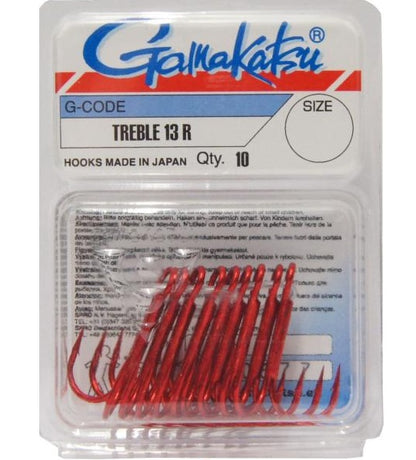 Тройни куки Gamakatsu 13R - RED (10 броя в кутия) в опаковка, идеални за риболов с висока производителност.