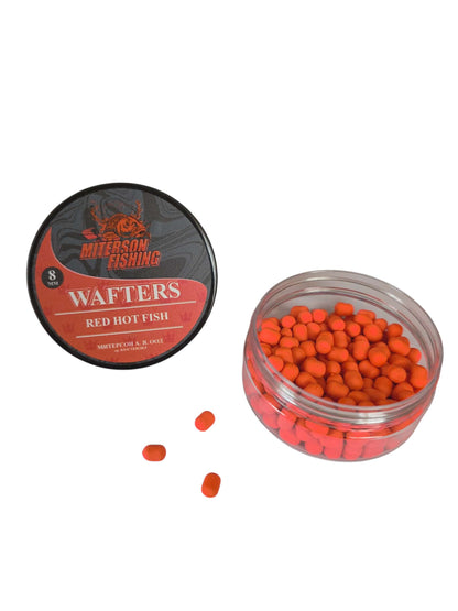 Miterson Premium Wafters Dumbell - 8mm RED HOT FISH with high visibility and strong aroma for carp fishing.