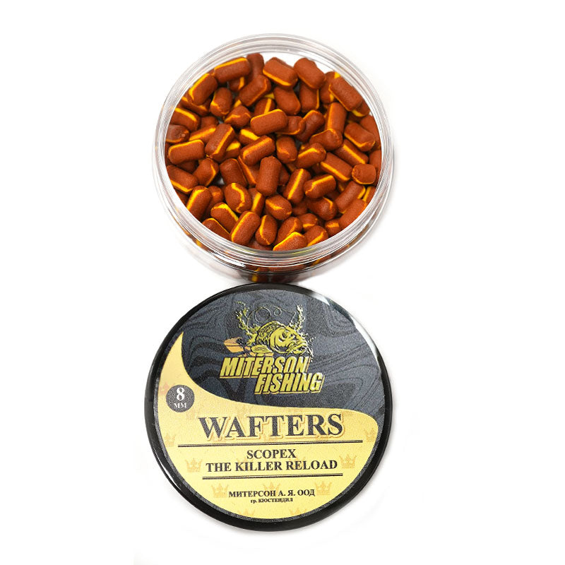 Miterson Premium Wafters Dumbell - 8mm в контейнер с червени стръвки Scopex за риболов на шаран
