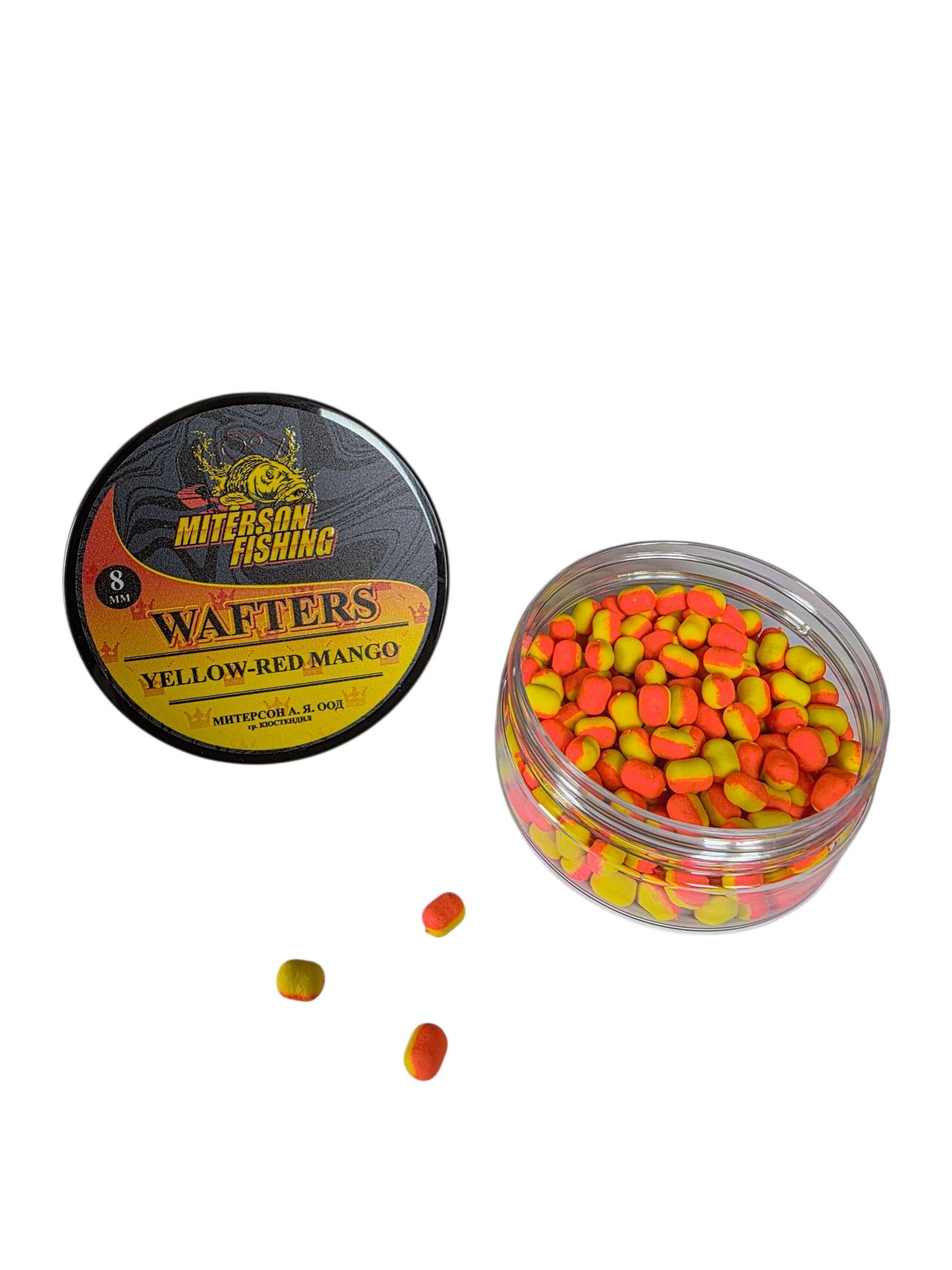 Miterson Premium Wafters Dumbell - 8mm жълто-червено манго в контейнер за риболов, перфектна стръв за шаран.