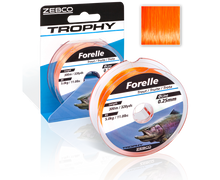 Монофилно влакно Zebco Trophy Trout Orange - 300m в опаковка с атрактивен дизайн и информация за продукта.