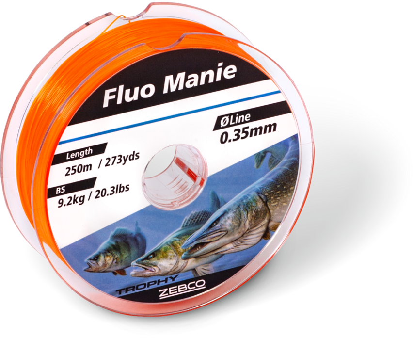 Монофилно влакно Zebco Trophy Fluo Manie Red - 300m, изображение на флуоресцентно влакно със спецификации.