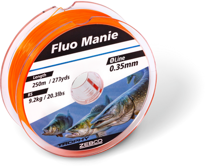 Монофилно влакно Zebco Trophy Fluo Manie Red - 300m, изображение на флуоресцентно влакно със спецификации.
