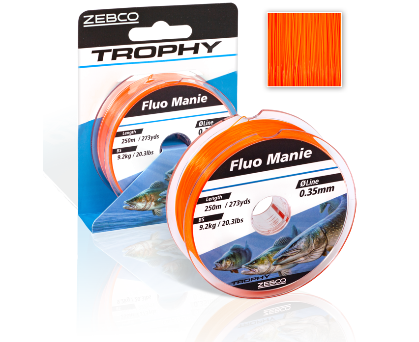 Монофилно влакно Zebco Trophy Fluo Manie Red - 300m, опаковка с флуоресцентно влакно за риболов.