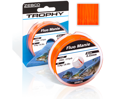 Монофилно влакно Zebco Trophy Fluo Manie Red - 300m, опаковка с флуоресцентно влакно за риболов.