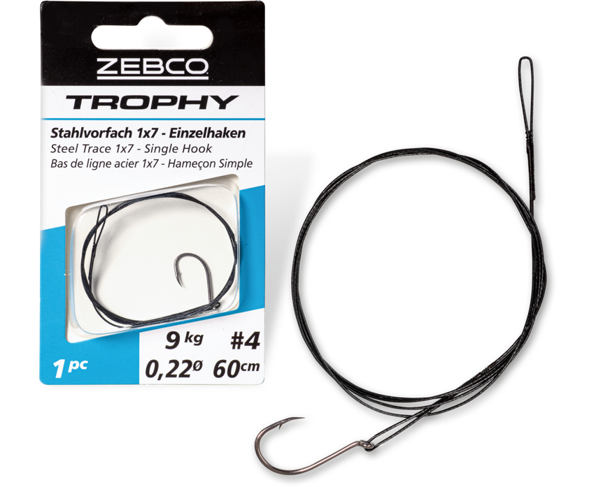 Стоманен повод за щука с кука ZEBCO Trophy Steel Trace 1x7 - Single Hook - 60cm/9kg с единична кука и опаковка.
