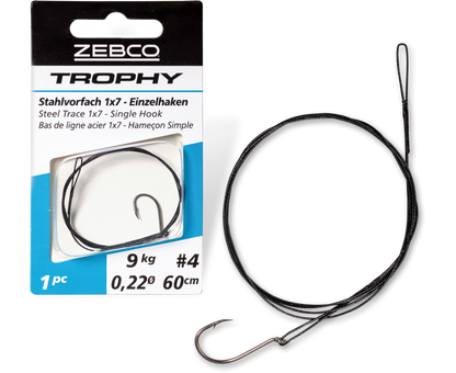 Стоманен повод за щука с кука ZEBCO Trophy Steel Trace 1x7 - Single Hook - 60cm/9kg с единична кука и опаковка.