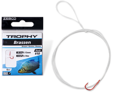 Вързани куки ZEBCO BREAM RED - 70cm с опаковка, представляваща кука и повод за риболов.