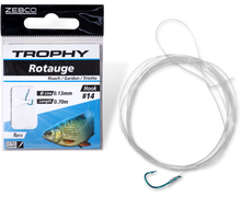 Вързани куки ZEBCO ROACH BLUE - 70cm - упаковка и линии, риболов на червеноперка с остри куки.