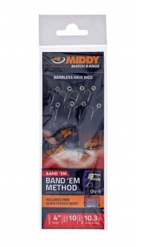 Вързани куки с ринг за пелети - MIDDY Band'Em Method Barbless Hair Rigs  - 8 бр в пакет